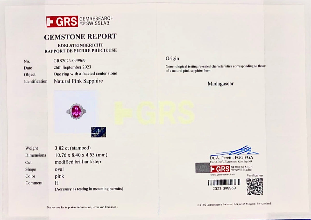 Natural 3.8 Carat Pink Sapphire Ring - GRS Certified